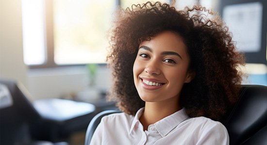 Woman smiling while sitting in dentist's treatment chair