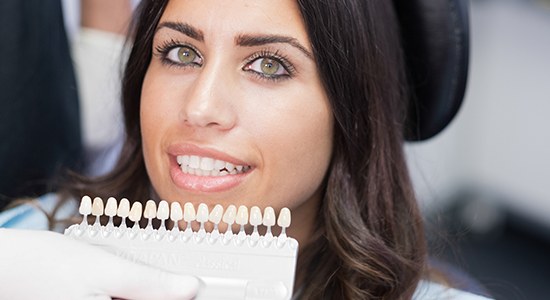 Woman's smile compared with porcelain veneer color chart